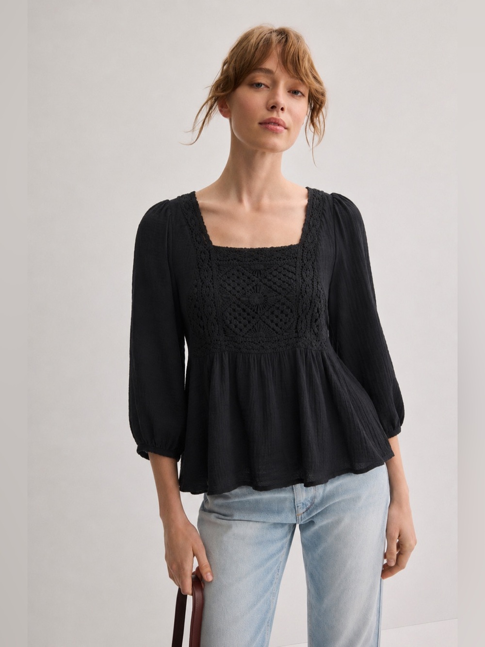 Altar’d State Black Crochet Long Sleeve Gauze Blouse Shirt Size Small *1051